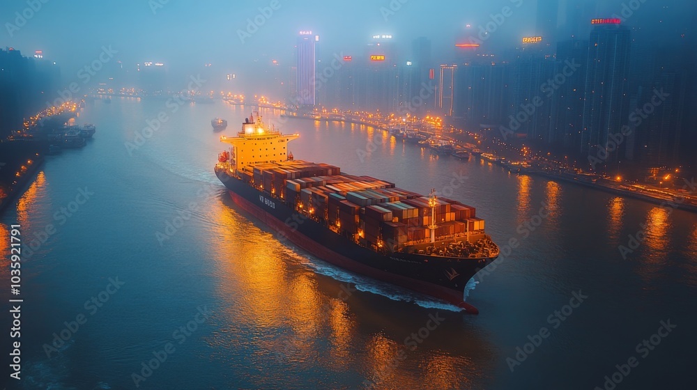 A large cargo ship makes its way through a misty river as evening descends, illuminated by the surrounding city lights. The scene captures the blend of industry and urban beauty. A large cargo ship makes its way through a misty river as evening descends, illuminated by the surrounding city lights. The scene captures the blend of industry and urban beauty.