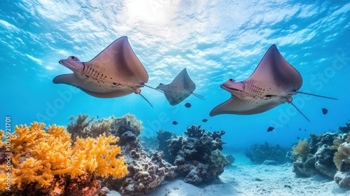 Three graceful stingrays glide over a vibrant coral reef in a clear blue ocean, bathed in sunlight.