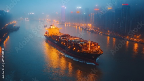 A large cargo ship makes its way through a misty river as evening descends, illuminated by the surrounding city lights. The scene captures the blend of industry and urban beauty.