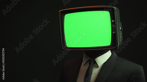 man formal suit with green screen television tv instead of his head, right side of composition directed media concept followers of ideology on black dark background indoor room