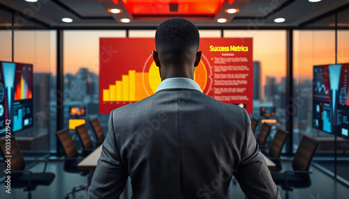 A businessman in a suit standing in front of a glowing graph chart, representing growth and success