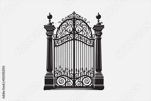 A black and white silhouette of an ornate wrought-iron gate.