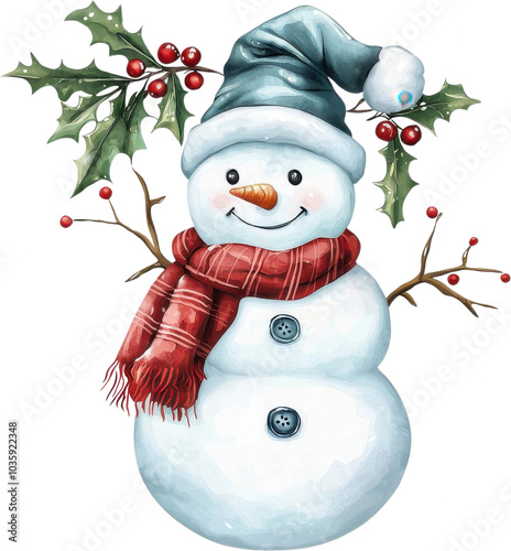 Cheerful snowman with a scarf and hat, surrounded by holly leaves and berries on a white background. photo