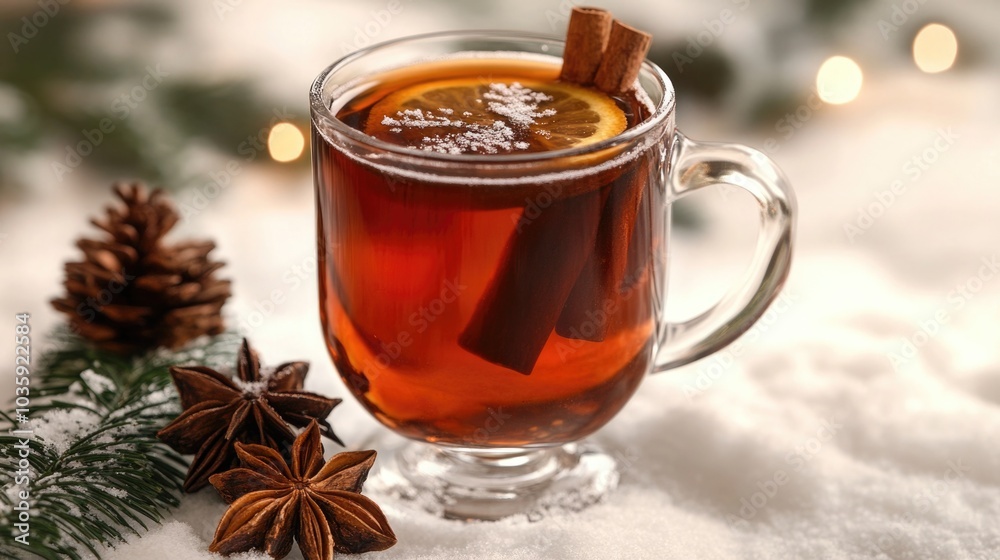 A glass of mulled wine with orange slices and cinnamon sticks, surrounded by Christmas ornaments and tree A glass of mulled wine with orange slices and cinnamon sticks, surrounded by Christmas ornaments and tree