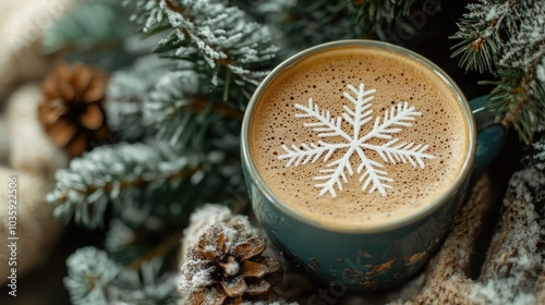 mug of coffee with a snowflake design on the foam, placed on a wooden table. Christmas tree. Cozy holiday concept