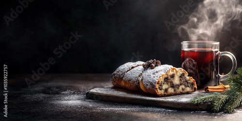 Traditional Christmas stollen with powdered sugar and a steaming cup of mulled wine on a wooden board. Holiday dessert and winter celebration concept. photo