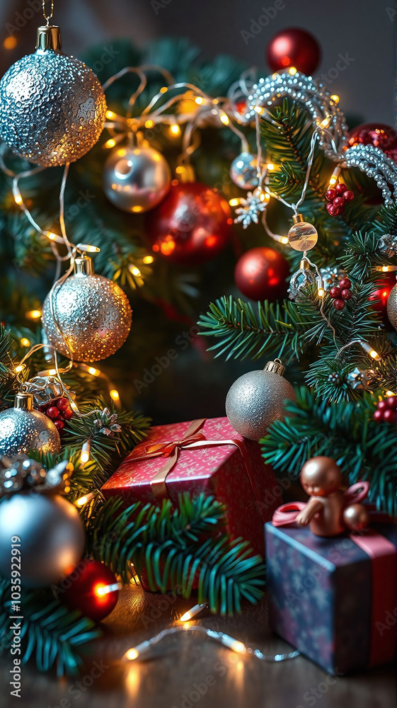 Decorated Christmas centerpiece with ornaments and presents lit by warm lights Decorated Christmas centerpiece with ornaments and presents lit by warm lights
