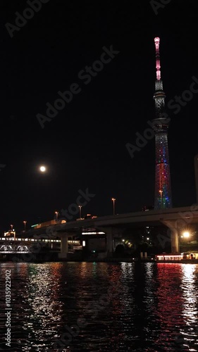 満月の夜の隅田川と東京スカイツリー　東京夜景