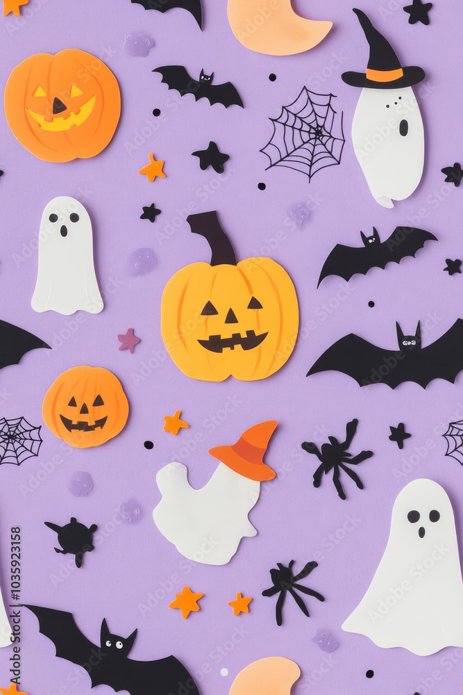Cozy Halloween pattern with pumpkins, ghosts, and bats on purple background Cozy Halloween pattern with pumpkins, ghosts, and bats on purple background