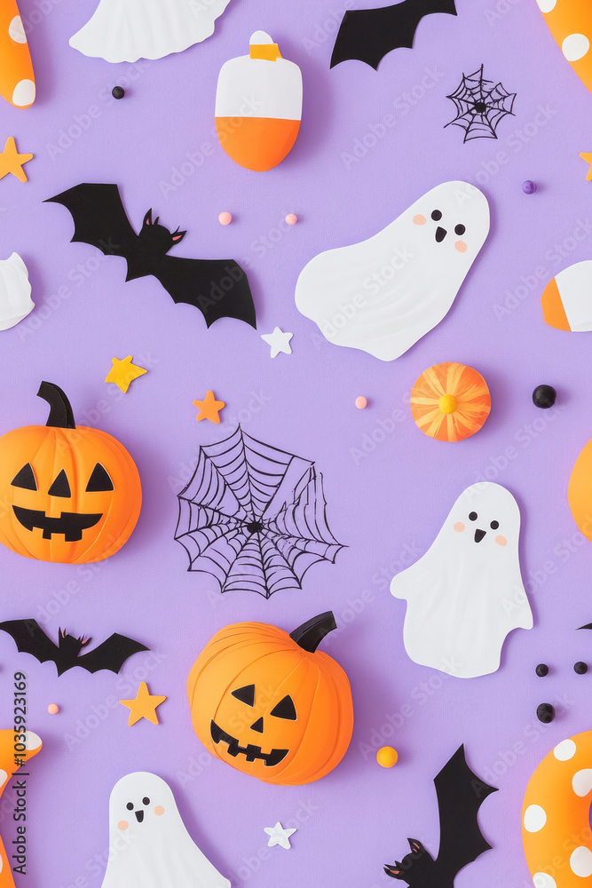 Cozy Halloween pattern with pumpkins, ghosts, and bats on purple background Cozy Halloween pattern with pumpkins, ghosts, and bats on purple background