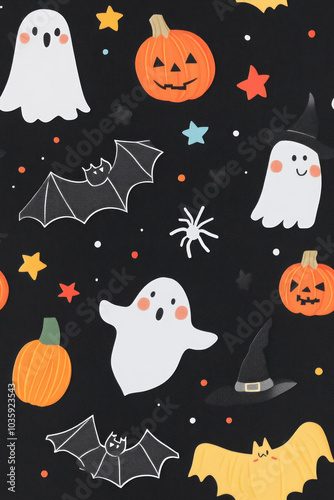 Cozy Halloween pattern featuring ghosts, pumpkins, bats, and stars