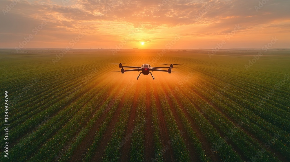 Fototapeta premium A drone flies over a field of crops at sunset.