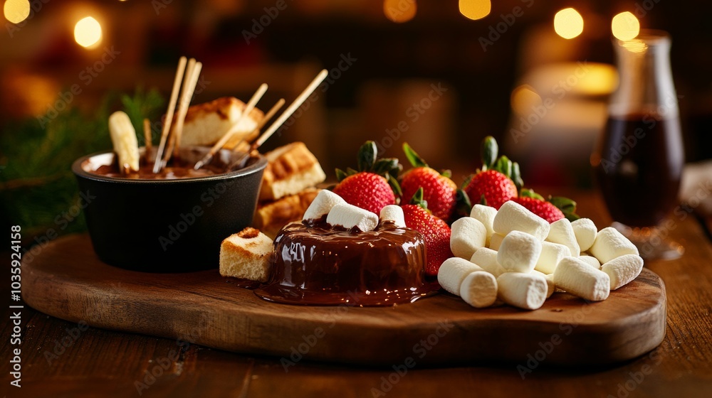 A decadent chocolate fondue with fresh strawberries, bananas, marshmallows