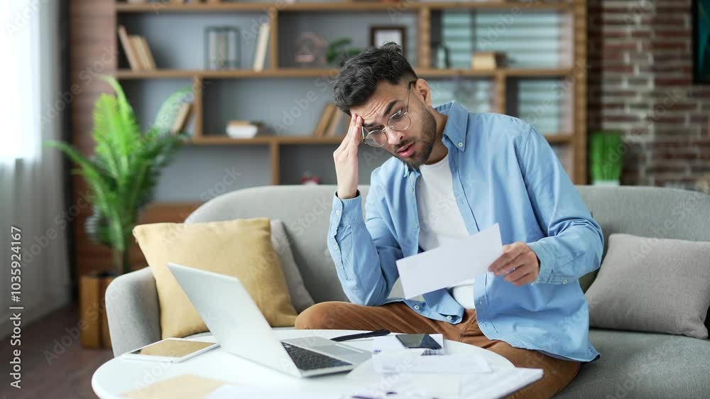 Frustrated young adult man looking at large utility bills sitting on sofa at home office. Upset bearded male holding a paycheck, thinking about problems in the household budget and financial expenses Frustrated young adult man looking at large utility bills sitting on sofa at home office. Upset bearded male holding a paycheck, thinking about problems in the household budget and financial expenses
