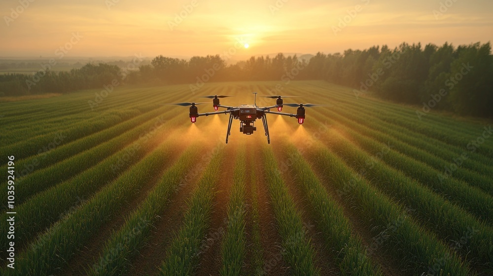Drone spraying crops in a field at sunset.