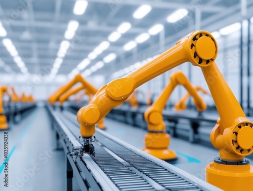 An advanced robotic assembly line with yellow robots operating on a conveyor, illustrating modern manufacturing technology