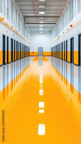 Brightly lit prison corridor with yellow walls and shiny floor, featuring multiple locked doors on each side