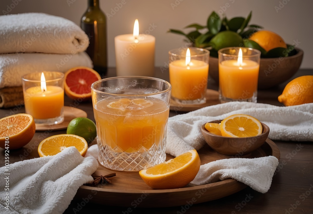 Refreshing cocktail with oranges and mint by a relaxing spa pool with candles
Refreshing cocktail with oranges and mint by a relaxing spa pool with candles