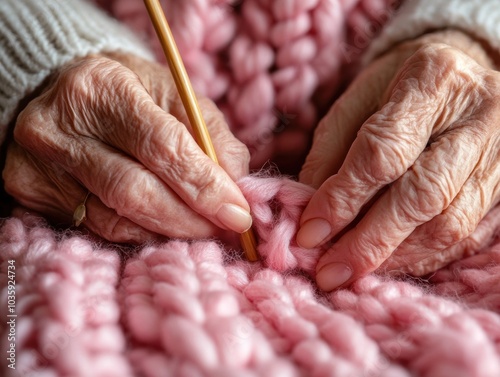 Close-up of aged hands knitting with soft pink yarn, highlighting the delicate stitches and loving craftsmanship