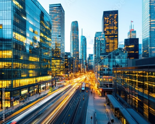 Dynamic urban scene at twilight, featuring skyscrapers illuminated by city lights and vibrant street activity