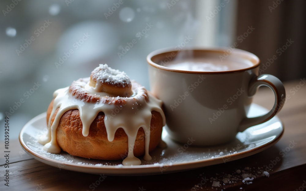 Enjoying a warm drink and delicious pastry by the window on a snowy Christmas morning Enjoying a warm drink and delicious pastry by the window on a snowy Christmas morning