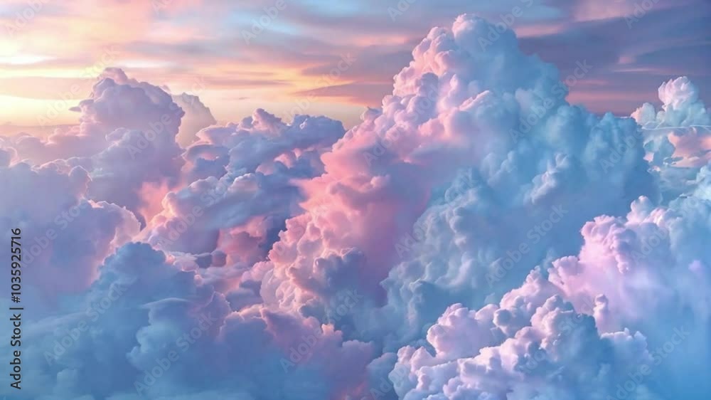 A serene view of fluffy clouds bathed in soft pastel colors during sunset. A serene view of fluffy clouds bathed in soft pastel colors during sunset.