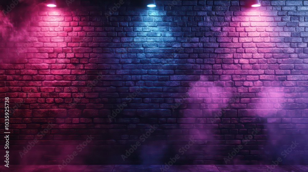 A dark brick wall with pink and blue spotlights and smoke. A dark brick wall with pink and blue spotlights and smoke.