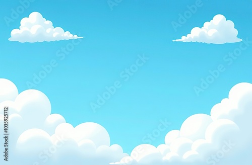 Blue sky with white clouds background. Border of clouds. Simple cartoon design. Flat style vector illustration. 