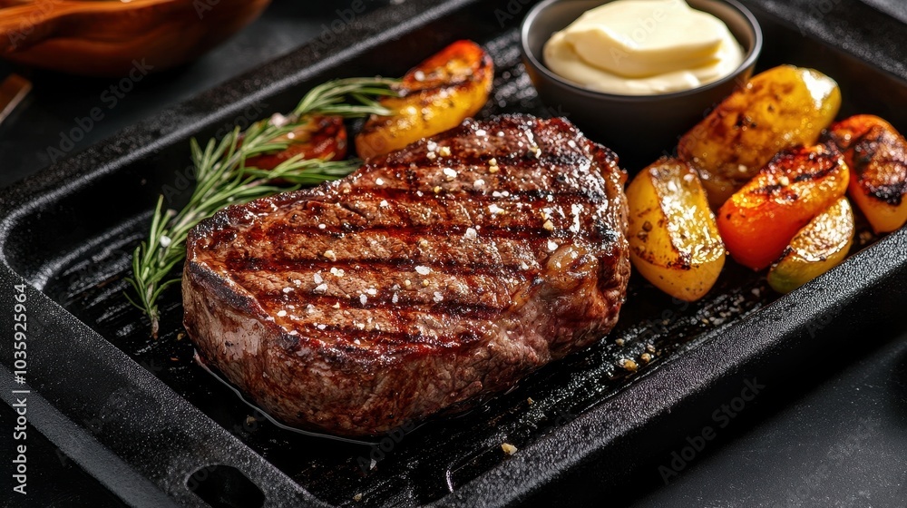 Grilled Steak with Vegetables and Butter on Platter Grilled Steak with Vegetables and Butter on Platter