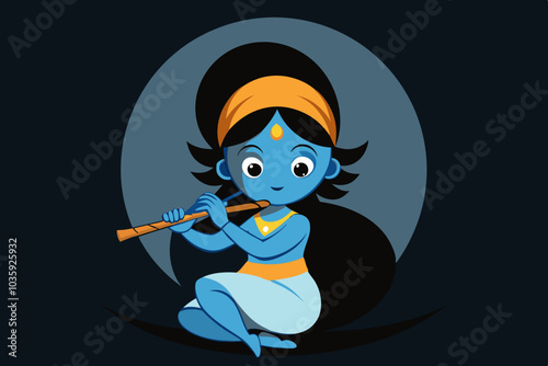 Beautiful krishna sitting on the moon silhouette black filled vector Illustration icon