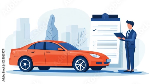 A man in a suit inspects a car while holding a clipboard with a checklist.