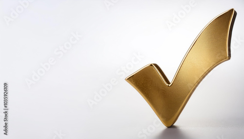 A shiny gold tick mark, often symbolizing confirmation or correct choice on side position provides copy space for text. background concept isolated white photo