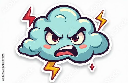 Storm cloud character with cartoon angry face. Groovy sticker with Thunder and lightning symbol. Weather icon. Emoji expression. Retro Vector illustration on white background