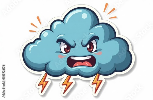 Storm cloud character with cartoon angry face. Groovy sticker with Thunder and lightning symbol. Weather icon. Emoji expression. Retro Vector illustration on white background