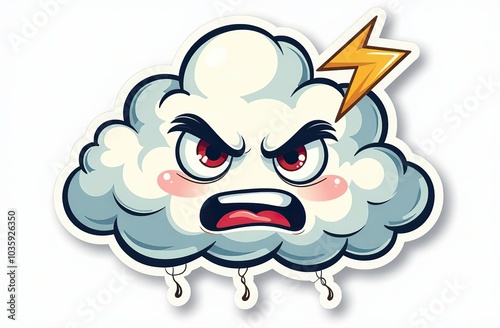Storm cloud character with cartoon angry face. Groovy sticker with Thunder and lightning symbol. Weather icon. Emoji expression. Retro Vector illustration on white background
