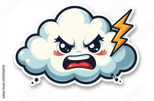 Storm cloud character with cartoon angry face. Groovy sticker with Thunder and lightning symbol. Weather icon. Emoji expression. Retro Vector illustration on white background