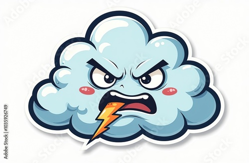 Storm cloud character with cartoon angry face. Groovy sticker with Thunder and lightning symbol. Weather icon. Emoji expression. Retro Vector illustration on white background