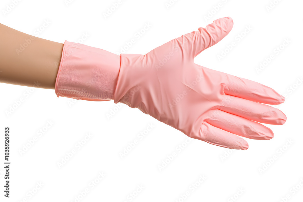 Hand with protective rubber latex glove isolated on white background Hand with protective rubber latex glove isolated on white background
