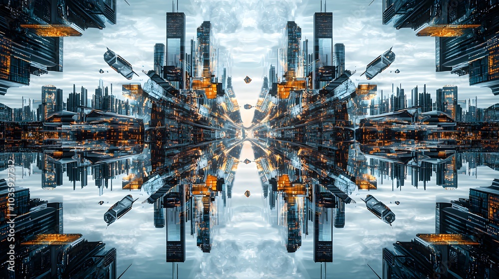 Fototapeta premium Futuristic symmetrical cityscape with reflections and skyscrapers