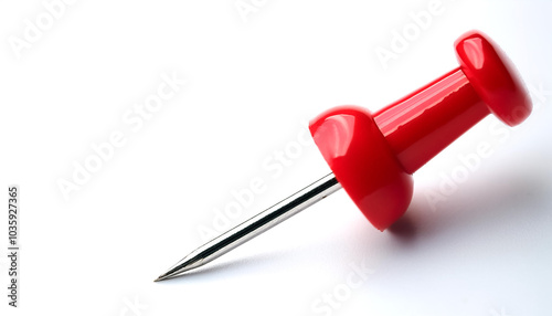 A single bright red push pin with a metallic needle on side position provides copy space for text. background concept isolated white