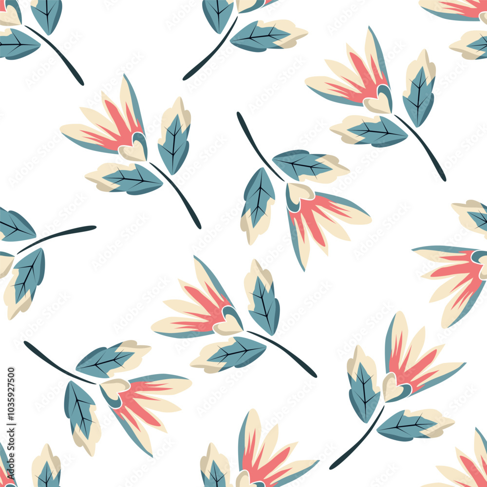 Fototapeta premium Cute floral pattern. Seamless vector texture. An elegant template for fashionable prints. Print with small white flowers and blue leaves.
