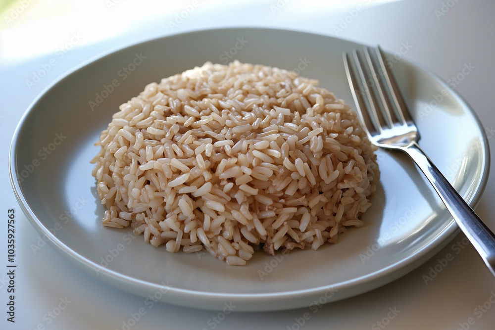 a white plate with serving of brown rice with fork on the side, isolated on white background a white plate with serving of brown rice with fork on the side, isolated on white background