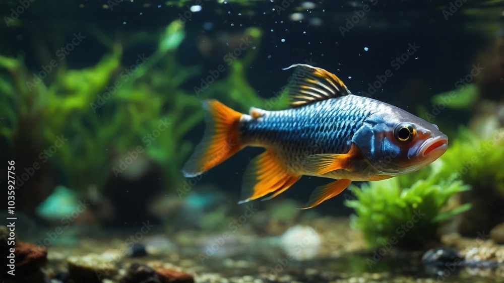 Fototapeta premium Freshwater aquariums foster the growth of Enteromius rohani juveniles.