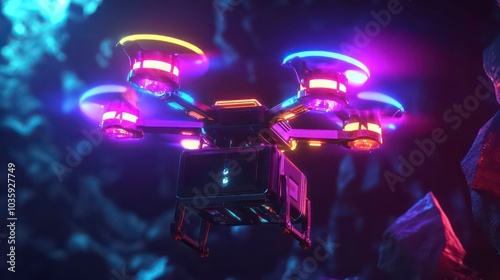 A futuristic drone with glowing lights and propellers flying over a dark and rocky landscape.