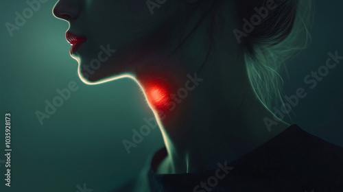 Sore throat caused by pain in the tonsils, with redness indicating the area of pain in a woman, representing a sore throat.