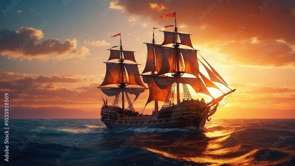 Fototapeta premium **Galleon Sunset: 3D Animated Sailing Ship with Bokeh**