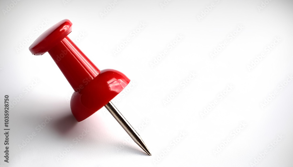 A single bright red push pin with a metallic needle on side position provides copy space for text. background concept isolated white A single bright red push pin with a metallic needle on side position provides copy space for text. background concept isolated white