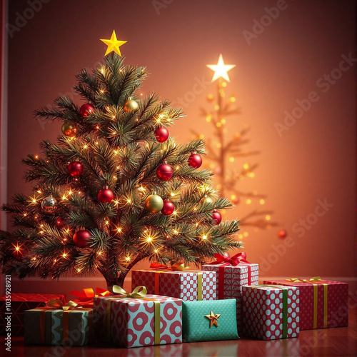 A beautifully decorated Christmas tree with wrapped presents glowing warmly