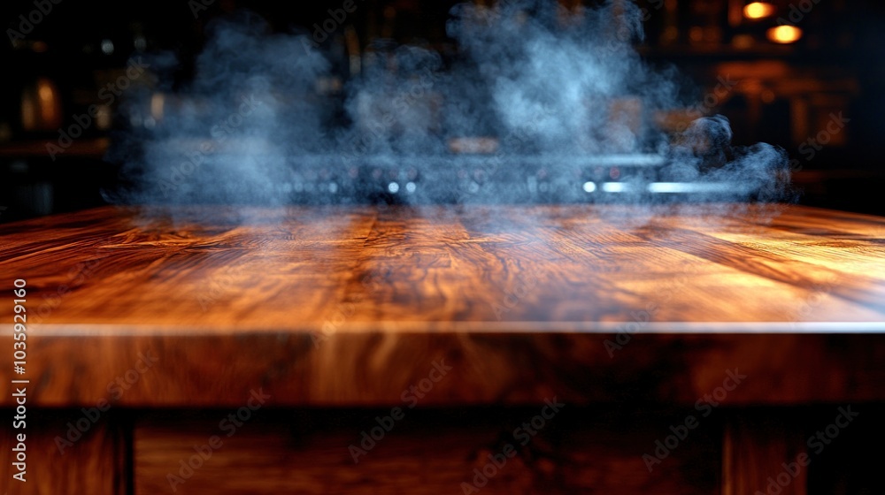 Warm steam envelops a sleek wooden table, creating an inviting ambiance in a dining space Warm steam envelops a sleek wooden table, creating an inviting ambiance in a dining space