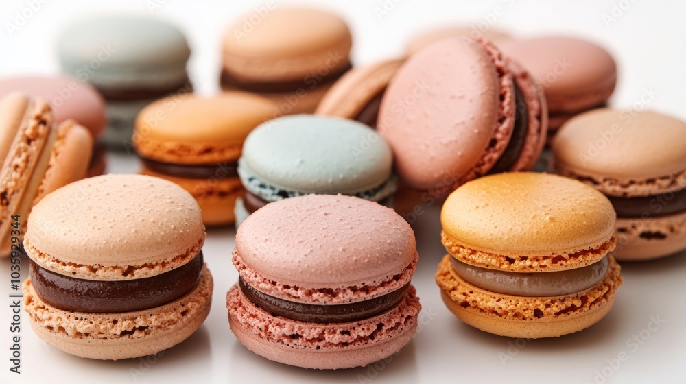 A tempting collection of macarons in pastel shades showcases sweet confections A tempting collection of macarons in pastel shades showcases sweet confections